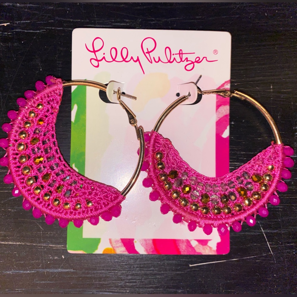 Lilly Pulitzer Vibrant Pink/Golf Embellished Hoop Earrings